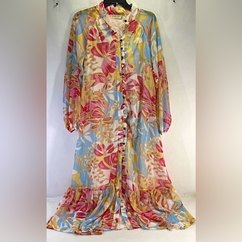 Gingham & Heels Floral Button-Front Maxi Dress in Pink, Blue & Cream NWT